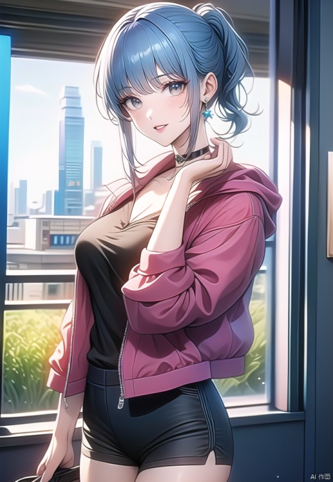 (best quality), ((masterpiece)), (highres), illustration, original, extremely detailed,1girl, solo, jacket, looking at viewer, blue hair, jewelry, earrings, choker, breasts, shorts, bangs, blush, blue eyes, bag, ponytail, black choker, yellow eyes, window, cleavage, sidelocks, red jacket, black shorts, indoors, smile, long hair, cowboy shot