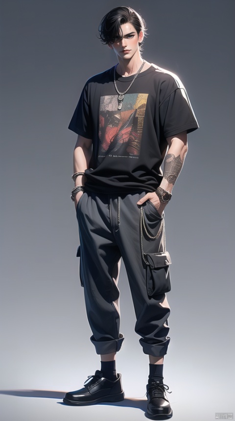 (best quality), ((masterpiece)), (highres), illustration, original, extremely detailed,bbj, tattoo, 1boy, male focus, solo, pants, white background, jewelry, shoes, arm tattoo, full body, black shirt, shirt, black hair, necklace, simple background, hands in pockets, black footwear, chain necklace, bracelet, standing, looking at viewer, neck tattoo, chain, chest tattoo, short sleeves, closed mouth, short hair, black pants, black eyes, socks