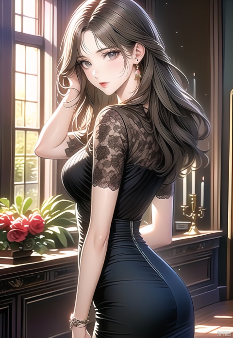 (best quality), ((masterpiece)), (highres), illustration, original, extremely detailed,1girl, solo, jewelry, candle, looking at viewer, long hair, bracelet, flower, earrings, indoors, skirt, petals, brown hair, short sleeves, rose, brown eyes, ass, shirt, looking back, hand in own hair, closed mouth, window, breasts, high-waist skirt, lips, bangs, table, parted bangs, red flower, watch, standing
