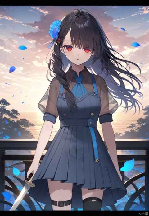  (best quality), ((masterpiece)), (highres), illustration, original, extremely detailed wallpaper.1girl, solo, long hair, letterboxed, thighhighs, cloud, holding, hair ornament, cloudy sky, hair over one eye, shirt, see-through sleeves, looking at viewer, hair flower, outdoors, weapon, flower, red eyes, blue flower, short sleeves, single thighhigh, wind, knife, see-through, skirt, sky, thigh holster, parted lips, puffy sleeves, collared shirt, holding knife, black thighhighs, black hair, puffy short sleeves, cowboy shot, asymmetrical legwear, standing, dress, pleated skirt, holding weapon, messy hair, thigh strap, bangs, branch, petals, horizon, braid