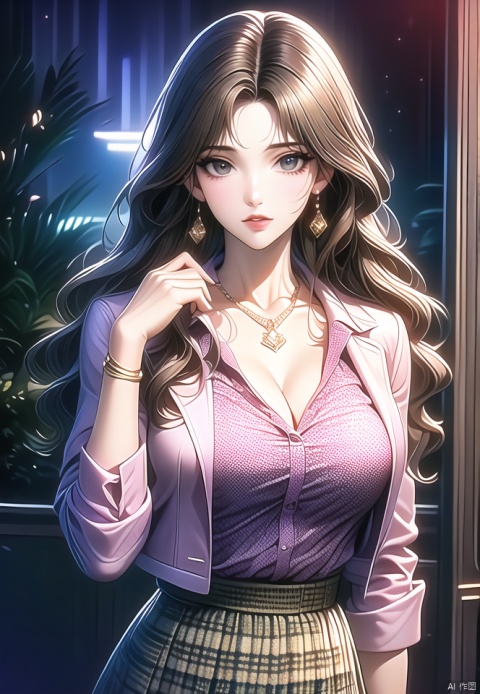 (best quality), ((masterpiece)), (highres), illustration, original, extremely detailed,1girl, solo, jewelry, breasts, long hair, cleavage, skirt, necklace, brown hair, earrings, bracelet, shirt, white shirt, looking at viewer, parted lips, parted bangs, large breasts, night, bangs, hand up, wavy hair, brown eyes, plaid skirt, jacket, long sleeves, outdoors, plaid, collared shirt, collarbone