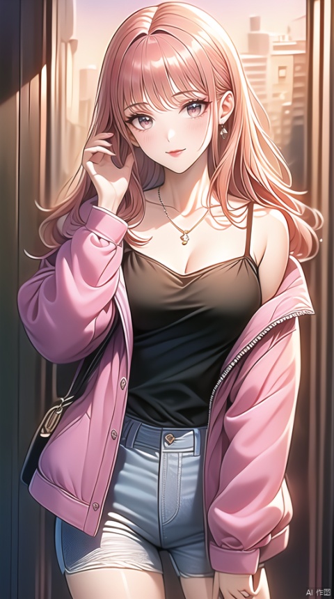 (best quality), ((masterpiece)), (highres), illustration, original, extremely detailed,1girl, solo, shorts, jewelry, jacket, long hair, bag, earrings, looking at viewer, breasts, necklace, pink jacket, red hair, blush, cleavage, open jacket, bangs, short shorts, off shoulder, red eyes, collarbone, white shorts, open clothes, handbag, long sleeves, smile, hand up, medium breasts, grey shorts, cowboy shot, shirt, black shirt, closed mouth, camisole