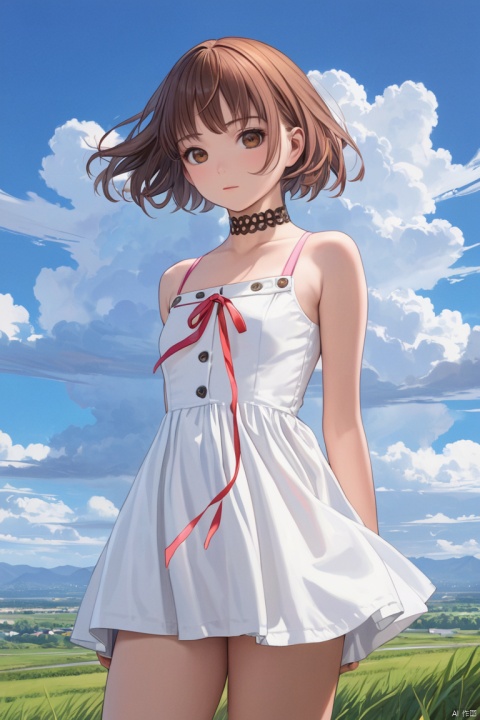 (best quality), ((masterpiece)), (highres), illustration, original, extremely detailed,1girl, solo, dress, brown hair, white dress, cloud, looking at viewer, outdoors, sky, short hair, day, cowboy shot, ribbon, standing, brown eyes, blue sky, red ribbon, bare shoulders, choker, sleeveless dress, closed mouth, sleeveless, bangs, cloudy sky, pink ribbon, flat chest, buttons, short dress, wind
