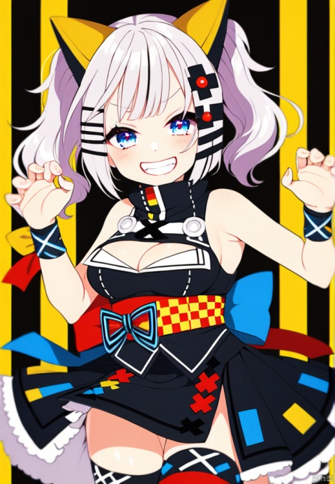 (best quality), ((masterpiece)), (highres), illustration, original, extremely detailed,1girl, kaguya luna, solo, virtual youtuber, breasts, twintails, smile, blue eyes, cleavage cutout, sash, cleavage, hair ornament, obi, sleeveless, dress, grin, clothing cutout, looking at viewer, claw pose, thighhighs, sleeveless dress, hairclip, bangs, black dress, yellow background, twitter username, grey hair, medium breasts, teeth, wrist ribbon, blush, bare shoulders, d-pad, cowboy shot, d-pad hair ornament, zettai ryouiki, red thighhighs, sidelocks, ribbon