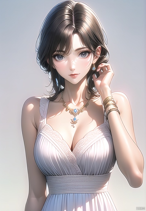 (best quality), ((masterpiece)), (highres), illustration, original, extremely detailed,1girl, breasts, solo, jewelry, cleavage, blue eyes, necklace, looking at viewer, dress, collarbone, bangs, smile, white dress, short hair, earrings, closed mouth, medium breasts, upper body, white background, sleeveless dress, sleeveless, bare shoulders, hand up, brown hair, black hair, bracelet, simple background