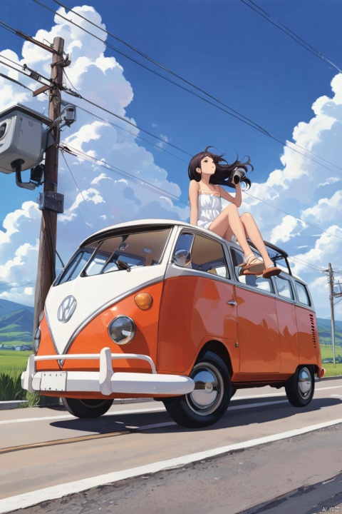  (best quality), ((masterpiece)), (highres), illustration, original, extremely detailed,1girl, sandals, flip-flops, ground vehicle, sitting, white dress, dress, motor vehicle, looking up, solo, sleeveless dress, outdoors, utility pole, power lines, holding, on vehicle, sky, cloud, floating hair, car, sleeveless, wind, black hair, from below, arm support, bare arms, product placement, road, cloudy sky, day, long hair, mountainous horizon, ahoge, artist name, looking afar, sundress, shoe soles, bare legs, shoe dangle, wide shot, from side, holding camera, arm at side, bare shoulders, hand up, english text, vehicle focus, looking away, parted lips, camera, shadow, flat chest, hill, signature, black eyes, blue sky, grass