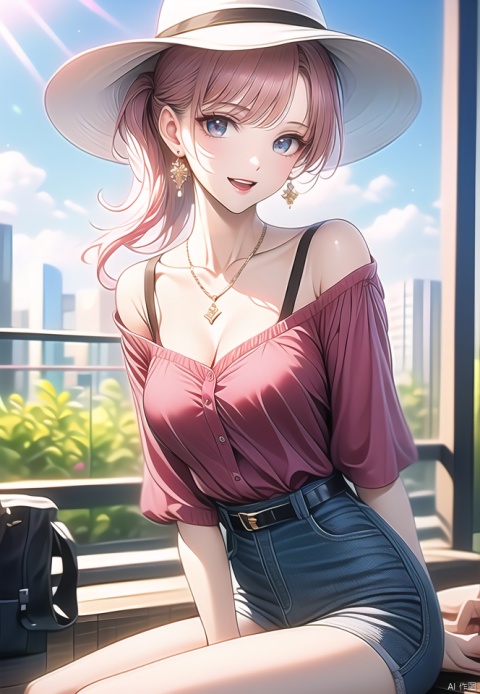 (best quality), ((masterpiece)), (highres), illustration, original, extremely detailed,jewelry, earrings, shorts, hat, shirt, breasts, hand on headwear, smile, looking at viewer, blue eyes, sitting, outdoors, necklace, red shirt, bangs, open mouth, blurry background, 1girl, cleavage, pink hair, denim, shirt tucked in, blush, blurry, belt, arm up, white headwear, collarbone, short shorts, off-shoulder shirt, denim shorts, day, thighs, solo focus