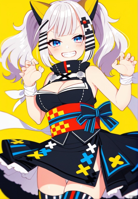 (best quality), ((masterpiece)), (highres), illustration, original, extremely detailed,1girl, kaguya luna, solo, virtual youtuber, breasts, twintails, smile, blue eyes, cleavage cutout, sash, cleavage, hair ornament, obi, sleeveless, dress, grin, clothing cutout, looking at viewer, claw pose, thighhighs, sleeveless dress, hairclip, bangs, black dress, yellow background, twitter username, grey hair, medium breasts, teeth, wrist ribbon, blush, bare shoulders, d-pad, cowboy shot, d-pad hair ornament, zettai ryouiki, red thighhighs, sidelocks, ribbon