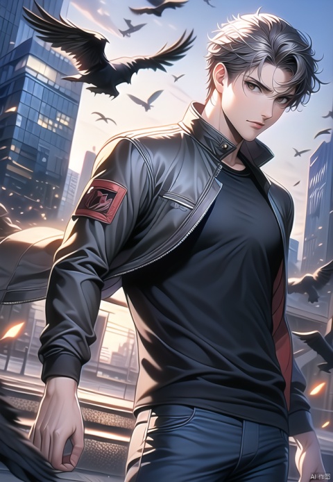 (best quality), ((masterpiece)), (highres), illustration, original, extremely detailed,1boy, jacket, male focus, bird, red eyes, outdoors, solo, crow, black shirt, black jacket, pants, shirt, short hair, looking at viewer, closed mouth, grey hair, open clothes, standing, long sleeves, open jacket, building, wind, sky