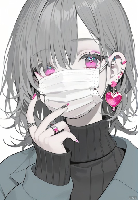  (best quality), ((masterpiece)), (highres), illustration, original, extremely detailed wallpaper.jewelry, 1girl, solo, bandaid, earrings, mouth mask, piercing, ring, ear piercing, heart, bandaid on face, multicolored eyes, turtleneck, simple background, white background, bow, bandaid on hand, looking at viewer, mask, sweater, flower earrings, mole, pink bow, bangs, mole under eye, v, pink eyes, heart earrings, grey hair, surgical mask, eyelashes, long eyelashes, fingernails, gradient eyes, hand up, monochrome, nail art, medium hair, turtleneck sweater, spot color, flower, long sleeves, hair between eyes, symbol-shaped pupils, sleeves past wrists, cross, multiple rings