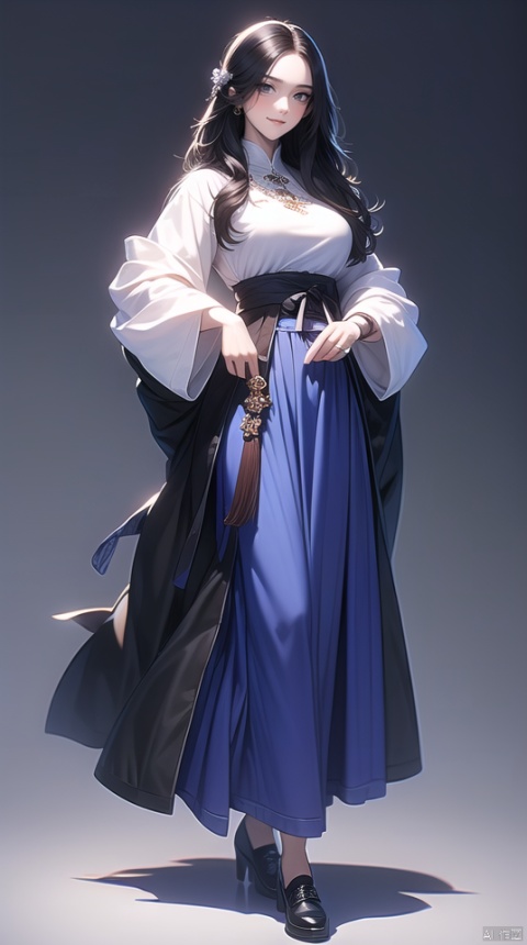(best quality), ((masterpiece)), (highres), illustration, original, extremely detailed,bbj, 1girl, long hair, solo, full body, white background, black hair, long sleeves, simple background, shoes, jewelry, smile, looking at viewer, chinese clothes, black footwear, hair ornament, necklace, breasts, ribbon, blue skirt, skirt