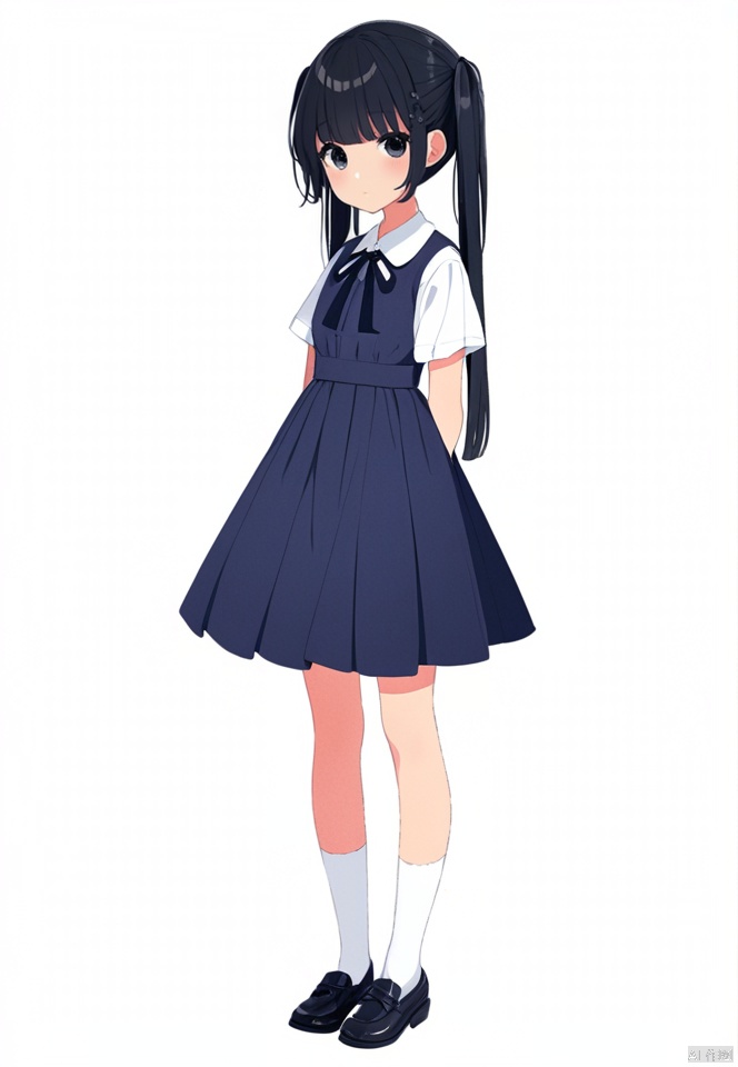 (best quality), ((masterpiece)), (highres), illustration, original, extremely detailed,1girl, solo, twintails, dress, white background, white socks, black hair, long hair, simple background, socks, white shirt, short sleeves, shirt, blue dress, bangs, collared shirt, pinafore dress, looking at viewer, standing, ribbon, neck ribbon, closed mouth, black eyes, arms behind back, black ribbon, pleated dress, shoes, sleeveless dress, blush