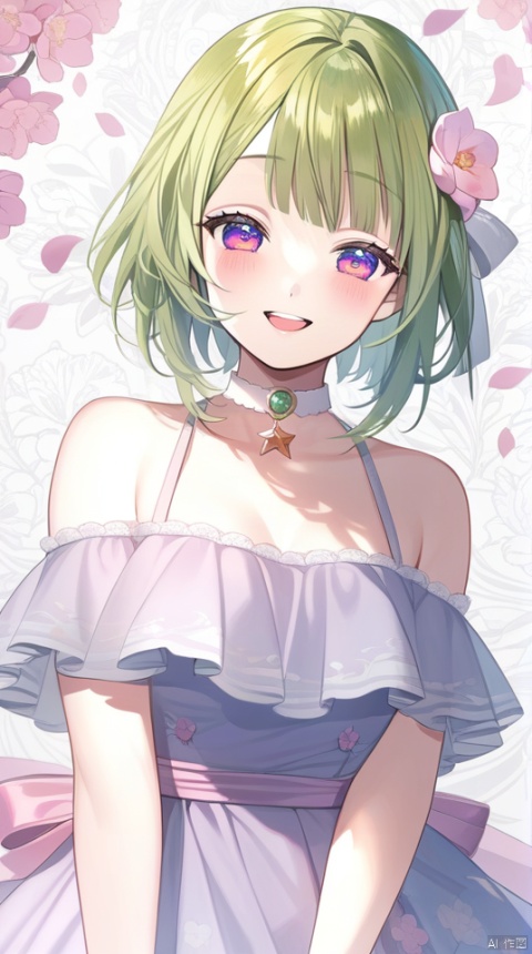  (best quality), ((masterpiece)), (highres), illustration, original, extremely detailed wallpaper.1girl, solo, flower, hair ornament, smile, hair flower, looking at viewer, blush, green hair, open mouth, white background, petals, purple eyes, bangs, dress, multicolored eyes, choker, bare shoulders, short hair