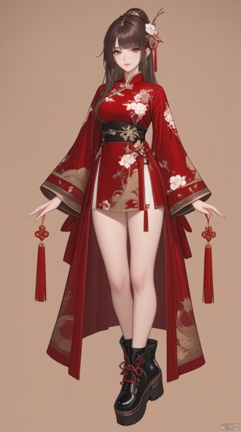 (best quality), ((masterpiece)), (highres), illustration, original, extremely detailed,1girl, solo, full body, hair ornament, long hair, chinese clothes, dress, brown hair, boots, looking at viewer, platform footwear, standing, long sleeves, brown background, black footwear