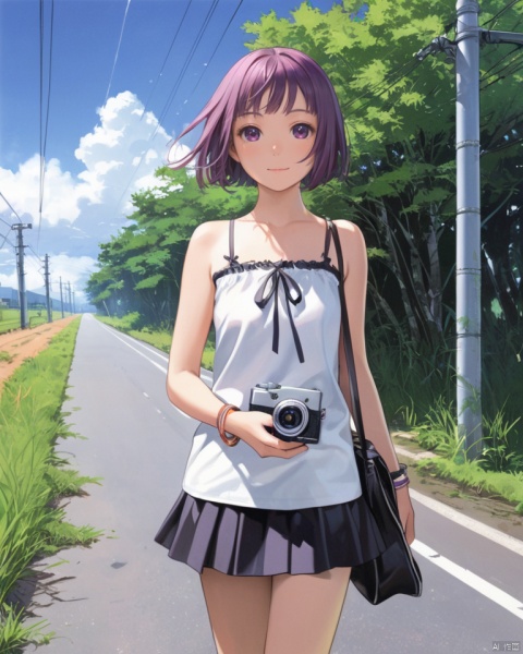  (best quality), ((masterpiece)), (highres), illustration, original, extremely detailed,1girl, solo, short hair, outdoors, skirt, purple hair, camera, sky, day, bracelet, cloud, grass, bare shoulders, holding, path, jewelry, standing, smile, road, camisole, bob cut, tree, power lines, holding camera, bangs, sleeveless, feet out of frame, shirt, wind, purple eyes