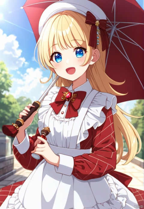 (best quality), ((masterpiece)), (highres), illustration, original, extremely detailed,1girl, solo, blonde hair, long hair, blue eyes, holding, open mouth, smile, umbrella, holding umbrella, hat, bangs, long sleeves, bow, shirt, jewelry, looking at viewer, outdoors, red shirt, :d, dress, red bow, parted bangs, brooch, upper body, blush, white headwear, hat bow, bowtie, apron