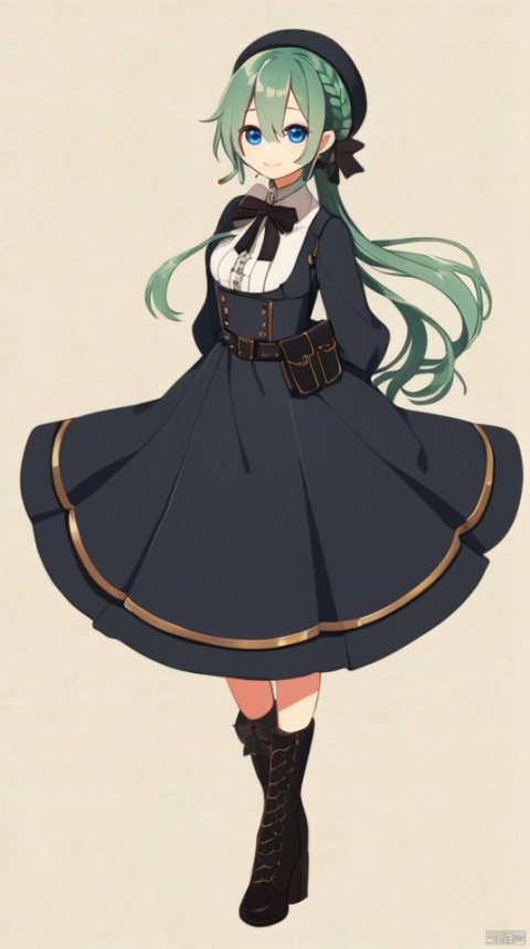 (best quality), ((masterpiece)), (highres), illustration, original, extremely detailed,1girl, solo, long hair, blue eyes, smile, dress, hat, black headwear, green hair, arms behind back, black bow, pouch, very long hair, black dress, long sleeves, black footwear, full body, bow, boots, closed mouth, hair between eyes, bangs, beret, belt pouch, belt, ribbon, braid, black ribbon, ponytail, puffy sleeves, neck ribbon, hair bow, tassel, standing, black belt, white shirt