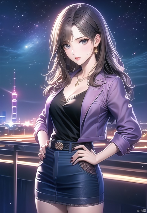 (best quality), ((masterpiece)), (highres), illustration, original, extremely detailed,1girl, night, jewelry, solo, skirt, sky, night sky, brown hair, long hair, necklace, breasts, shirt, cleavage, earrings, outdoors, belt, hand on hip, brown eyes, jacket, star \(sky\), black nails, cityscape, standing, medium breasts, nail polish, cowboy shot, starry sky, railing, looking at viewer, city lights, pencil skirt, bangs, blue skirt, closed mouth