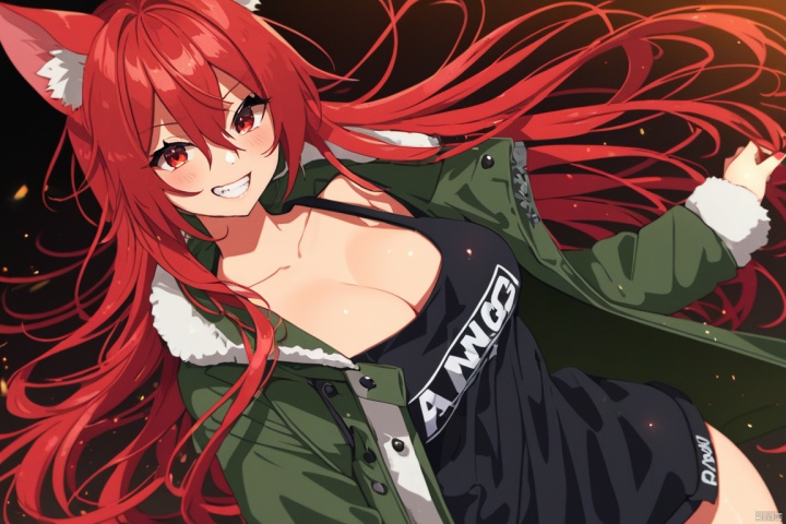 (best quality), ((masterpiece)), (highres), illustration, original, extremely detailed,1girl, solo, long hair, smile, red hair, breasts, red eyes, green jacket, animal ears, jacket, hair between eyes, grin, cleavage, looking at viewer, open clothes, open jacket, collarbone, black shirt, shirt, bangs, blush, clothes writing, medium breasts, very long hair, upper body, fur trim, dutch angle, fang