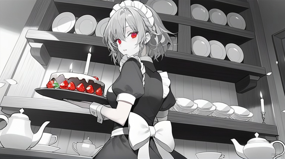  (best quality), ((masterpiece)), (highres), illustration, original, extremely detailed wallpaper.1girl, izayoi sakuya, braid, spot color, red eyes, food, solo, short sleeves, back bow, holding, bow, plate, maid headdress, cake, twin braids, looking at viewer, monochrome, puffy short sleeves, maid, looking back, puffy sleeves, white bow, fruit, teapot, short hair, tray, indoors, holding plate, greyscale, candle, cup, hair bow, apron, holding tray, hair between eyes, wrist cuffs, from behind, strawberry, petals, dress