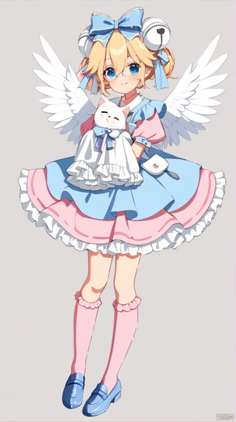 (best quality), ((masterpiece)), (highres), illustration, original, extremely detailed,1girl, short over long sleeves, medical eyepatch, pink socks, layered sleeves, hair bell, eyepatch, solo, sleeves past wrists, bell, shoes, loafers, socks, blue footwear, long sleeves, blue eyes, sleeves past fingers, dress, jingle bell, blue apron, kneehighs, shoulder bag, bow, puffy sleeves, hair bow, short sleeves, closed mouth, hair ornament, bag, blonde hair, hair bun, white wings, blush, animal, double bun, wings, cat, full body, wide sleeves, blue bow, apron, frills, smile, pink dress, white background, feathered wings, puffy short sleeves, simple background, bangs, hair between eyes, blue dress, frilled sleeves, standing, white cat