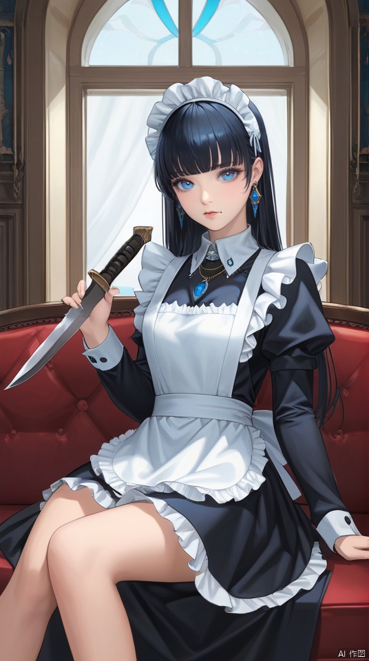  (best quality), ((masterpiece)), (highres), illustration, original, extremely detailed wallpaper.1girl, knife, maid headdress, solo, maid, holding, black hair, blue eyes, jewelry, indoors, dagger, dress, holding knife, weapon, apron, bangs, looking at viewer, sitting, maid apron, window, long hair, holding weapon, frills, necklace, couch, gem, long sleeves, mole under mouth, mole, black dress, holding dagger, blunt bangs