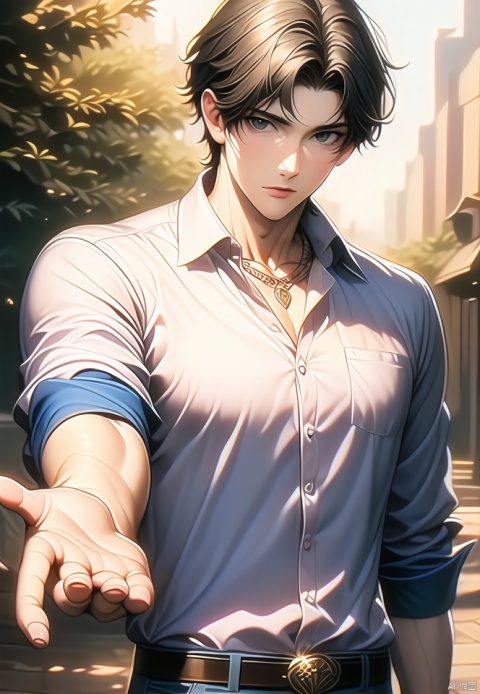 (best quality), ((masterpiece)), (highres), illustration, original, extremely detailed,1boy, male focus, solo, shirt, jewelry, necklace, looking at viewer, belt, collared shirt, short hair, outdoors, bracelet, upper body, black shirt, white shirt, brown hair, closed mouth, outstretched hand, pants, blurry, blurry background, parted bangs, sleeves rolled up