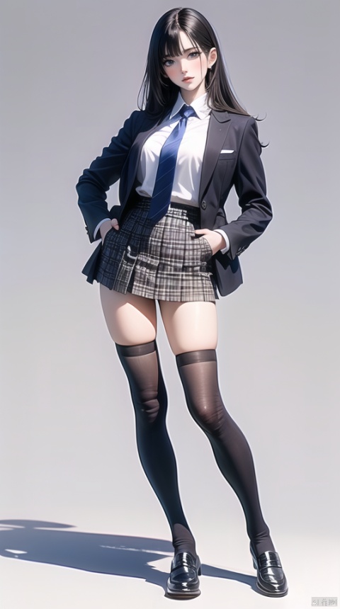 (best quality), ((masterpiece)), (highres), illustration, original, extremely detailed,bbj, 1girl, solo, skirt, shirt, thighhighs, necktie, black hair, white shirt, jacket, full body, white background, long hair, simple background, collared shirt, plaid skirt, black footwear, black jacket, hands in pockets, bangs, plaid, school uniform, looking at viewer, blue necktie, zettai ryouiki, black thighhighs, shoes, pleated skirt, shirt tucked in, standing, long sleeves, black eyes, loafers, open jacket, closed mouth, open clothes, breasts, blazer, miniskirt