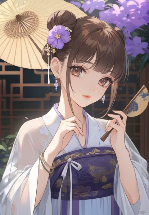 (best quality), ((masterpiece)), (highres), illustration, original, extremely detailed,licg, 1girl, solo, flower, chinese clothes, hair bun, jewelry, holding, brown hair, bracelet, hair ornament, looking at viewer, purple flower, hanfu, hand fan, long sleeves, brown eyes, see-through, hair flower, bangs, upper body