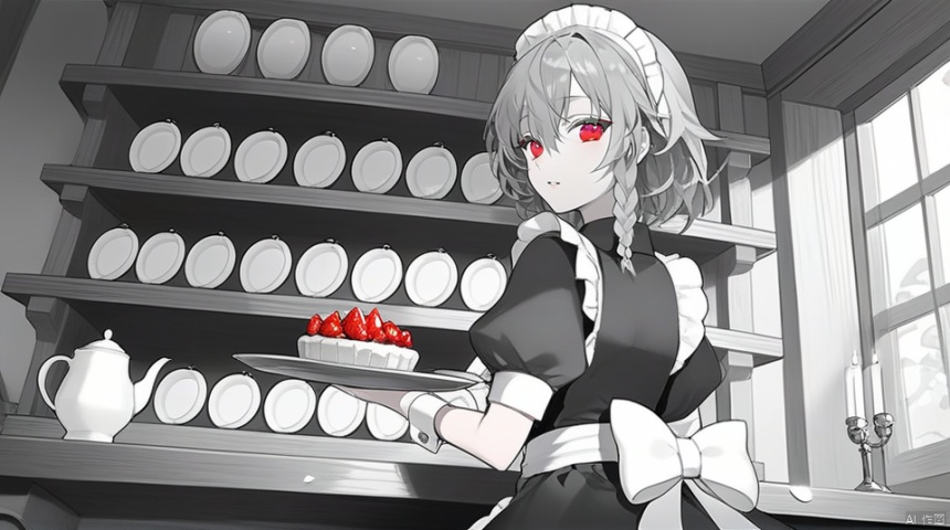  (best quality), ((masterpiece)), (highres), illustration, original, extremely detailed wallpaper.1girl, izayoi sakuya, braid, spot color, red eyes, food, solo, short sleeves, back bow, holding, bow, plate, maid headdress, cake, twin braids, looking at viewer, monochrome, puffy short sleeves, maid, looking back, puffy sleeves, white bow, fruit, teapot, short hair, tray, indoors, holding plate, greyscale, candle, cup, hair bow, apron, holding tray, hair between eyes, wrist cuffs, from behind, strawberry, petals, dress