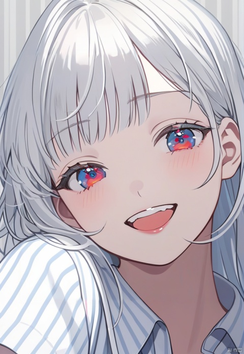  (best quality), ((masterpiece)), (highres), illustration, original, extremely detailed wallpaper.1girl, solo, open mouth, long hair, smile, looking at viewer, shirt, bangs, white hair, teeth, simple background, red eyes, blue eyes, striped, grey background, close-up, striped shirt