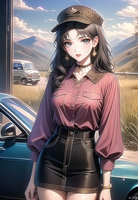 (best quality), ((masterpiece)), (highres), illustration, original, extremely detailed,1girl, jewelry, skirt, solo, shirt, green eyes, black hair, outdoors, choker, red shirt, hat, day, earrings, long sleeves, black skirt, pencil skirt, cross, ground vehicle, parted lips, car, sky, bangs, cowboy shot, collared shirt, bracelet, black choker, standing, parted bangs, motor vehicle, looking at viewer, blue sky, cloud, long hair, necklace, cabbie hat, mountainous horizon, breasts, buttons, pocket