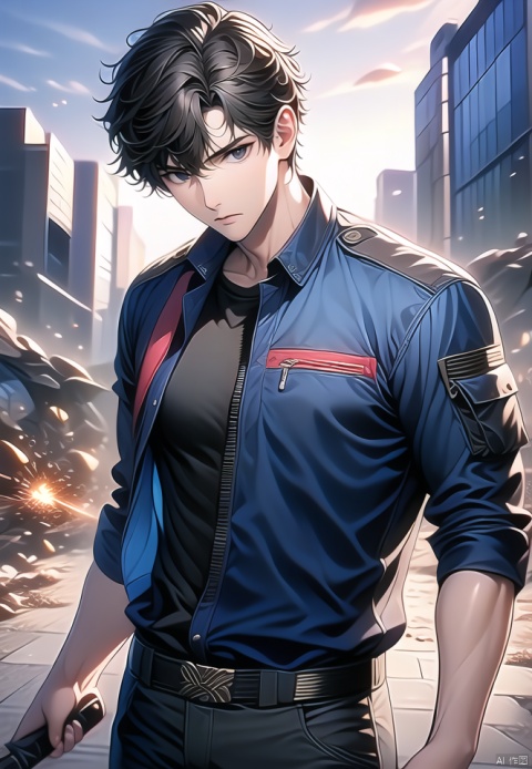 (best quality), ((masterpiece)), (highres), illustration, original, extremely detailed,1boy, male focus, solo, black hair, jacket, blue eyes, pants, black shirt, holding, weapon, short hair, looking at viewer, shirt, black pants, closed mouth, holding weapon, sword, open clothes, belt, open jacket, bangs, standing, holding sword, blue jacket