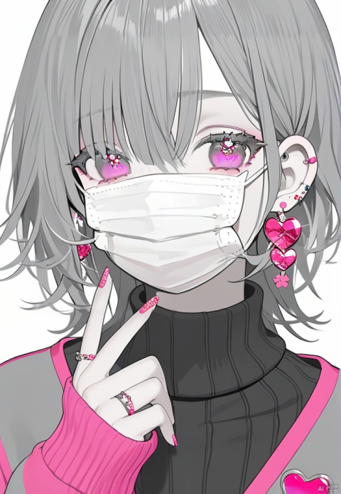  (best quality), ((masterpiece)), (highres), illustration, original, extremely detailed wallpaper.jewelry, 1girl, solo, bandaid, earrings, mouth mask, piercing, ring, ear piercing, heart, bandaid on face, multicolored eyes, turtleneck, simple background, white background, bow, bandaid on hand, looking at viewer, mask, sweater, flower earrings, mole, pink bow, bangs, mole under eye, v, pink eyes, heart earrings, grey hair, surgical mask, eyelashes, long eyelashes, fingernails, gradient eyes, hand up, monochrome, nail art, medium hair, turtleneck sweater, spot color, flower, long sleeves, hair between eyes, symbol-shaped pupils, sleeves past wrists, cross, multiple rings