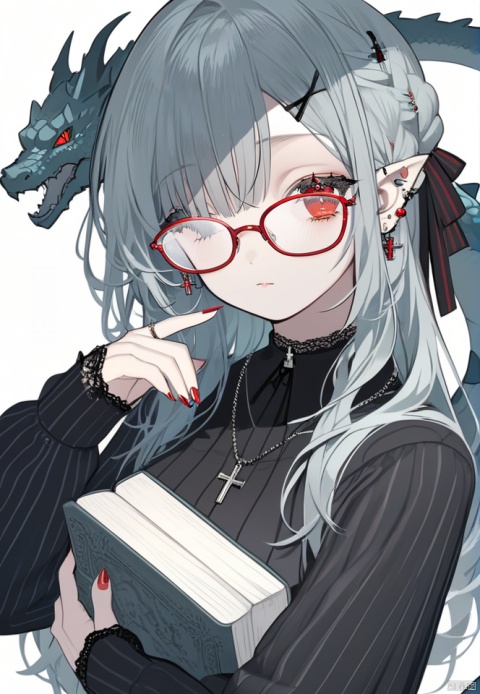  (best quality), ((masterpiece)), (highres), illustration, original, extremely detailed wallpaper.1girl, cross, jewelry, glasses, hair ornament, book, holding, red eyes, solo, looking at viewer, looking to the side, white background, holding book, pointy ears, ring, bangs, red-framed eyewear, upper body, grey hair, earrings, simple background, fingernails, x hair ornament, closed mouth, from side, long sleeves, shirt, bow, long hair, piercing, necklace, braid, red nails, cross hair ornament, cross necklace, inverted cross, semi-rimless eyewear, ribbon, long fingernails, striped, dress, nail polish, hairclip, ear piercing, breasts, cross earrings, one eye closed, slit pupils, sideways glance, black shirt, eyelashes, linked piercing, lace trim, dragon, tail, sharp fingernails