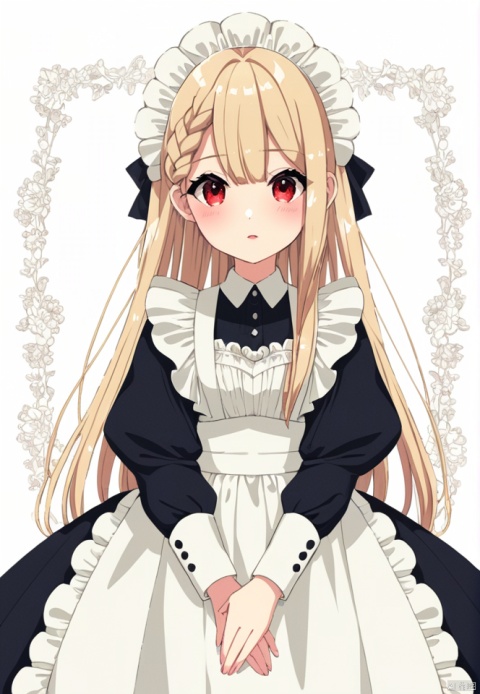 (best quality), ((masterpiece)), (highres), illustration, original, extremely detailed,1girl, solo, puffy sleeves, dress, red eyes, black dress, long sleeves, long hair, juliet sleeves, apron, own hands together, white background, bangs, parted lips, maid, white apron, blonde hair, looking at viewer, braid, blush, braided bangs, maid headdress, twitter username, small breasts, signature, breasts, very long hair, frills, frilled apron, hair between eyes, simple background, floral background