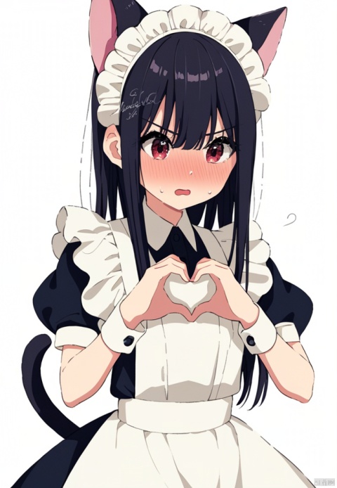 (best quality), ((masterpiece)), (highres), illustration, original, extremely detailed,1girl, solo, animal ears, heart, cat ears, tail, maid, short sleeves, heart hands, blush, black hair, white background, cat tail, maid headdress, puffy sleeves, wrist cuffs, apron, puffy short sleeves, simple background, bangs, sweat, long hair, maid apron, signature, dress, nose blush, looking away, white apron, black dress, collared dress, frills, embarrassed, open mouth, frilled apron, red eyes, fake animal ears, upper body, hair between eyes