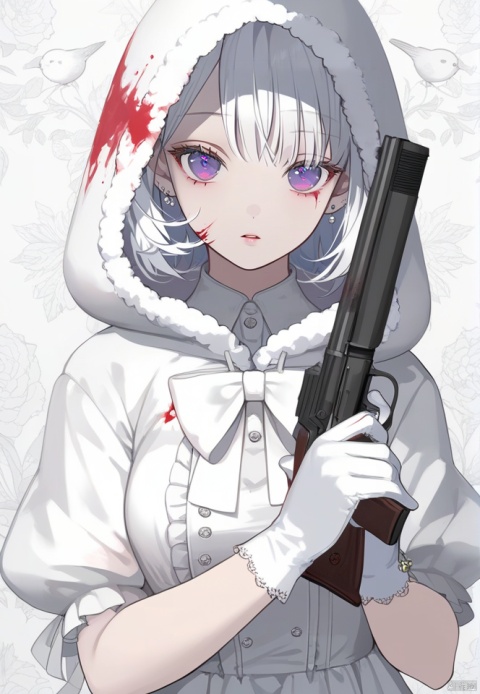  (best quality), ((masterpiece)), (highres), illustration, original, extremely detailed wallpaper.1girl, weapon, ring, gun, holding, gloves, holding weapon, jewelry, solo, white gloves, holding gun, white theme, hood, blood on face, blood, blood on clothes, white background, looking at viewer, bird, white hair, parted lips, dress, handgun, hood up, upper body, bow, bangs, simple background, puffy sleeves, earrings, purple eyes, white dress, fur-trimmed hood, white bow, animal on shoulder, short hair, ear piercing, grey bow