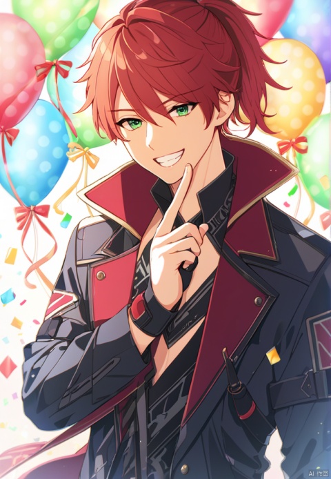 (best quality), ((masterpiece)), (highres), illustration, original, extremely detailed,1boy, male focus, red hair, smile, fingerless gloves, solo, green eyes, gloves, jacket, looking at viewer, balloon, black gloves, long hair, ponytail, long sleeves, grin, bird, v