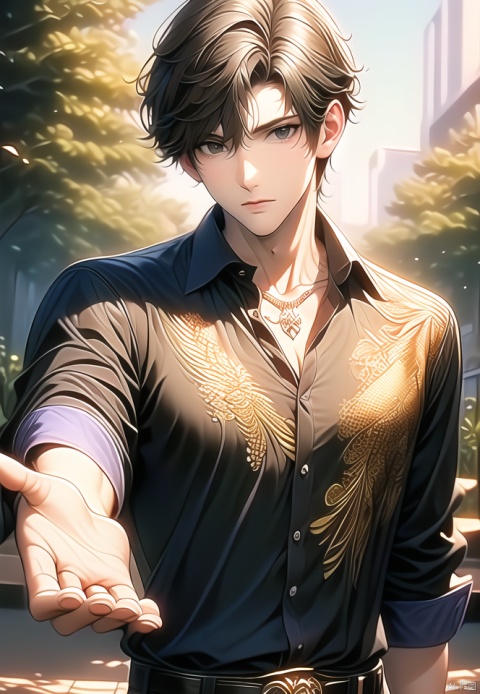 (best quality), ((masterpiece)), (highres), illustration, original, extremely detailed,1boy, male focus, solo, shirt, jewelry, necklace, looking at viewer, belt, collared shirt, short hair, outdoors, bracelet, upper body, black shirt, white shirt, brown hair, closed mouth, outstretched hand, pants, blurry, blurry background, parted bangs, sleeves rolled up