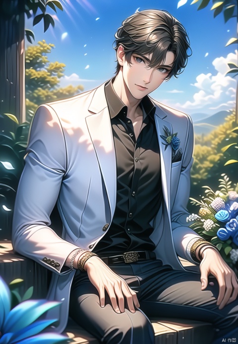 (best quality), ((masterpiece)), (highres), illustration, original, extremely detailed,1boy, male focus, sitting, shirt, black shirt, solo, black hair, flower, outdoors, pants, looking at viewer, black pants, watch, short hair, blue flower, wristwatch, day, belt, white jacket, jewelry, sky, smile, closed mouth, jacket, long sleeves, collared shirt, petals, bracelet, hair between eyes, tree, bangs, blue sky, formal, grey eyes, bouquet, white flower, suit
