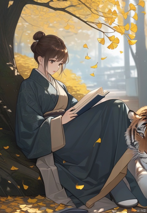 (best quality), ((masterpiece)), (highres), illustration, original, extremely detailed,licg, 1girl, leaf, falling leaves, book, sitting, tiger, hair bun, reading, tree, brown hair, solo, ginkgo leaf