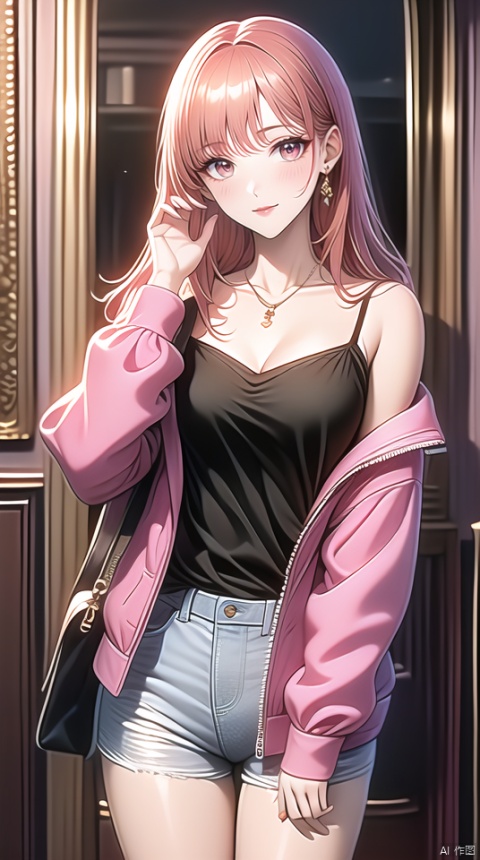 (best quality), ((masterpiece)), (highres), illustration, original, extremely detailed,1girl, solo, shorts, jewelry, jacket, long hair, bag, earrings, looking at viewer, breasts, necklace, pink jacket, red hair, blush, cleavage, open jacket, bangs, short shorts, off shoulder, red eyes, collarbone, white shorts, open clothes, handbag, long sleeves, smile, hand up, medium breasts, grey shorts, cowboy shot, shirt, black shirt, closed mouth, camisole