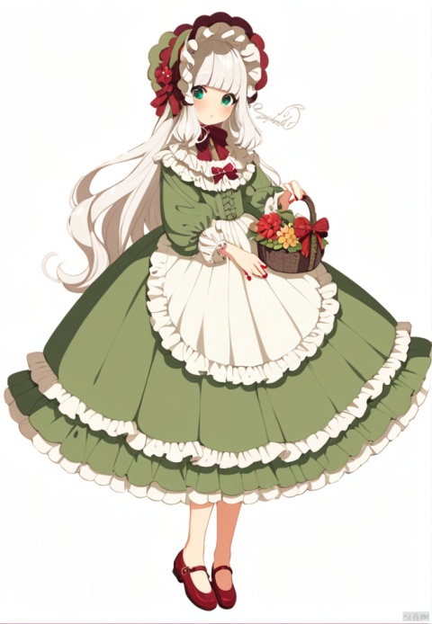 (best quality), ((masterpiece)), (highres), illustration, original, extremely detailed,1girl, solo, basket, long hair, signature, dress, white background, shoes, simple background, full body, red footwear, bonnet, blush, bangs, green eyes, looking at viewer, frills, long sleeves, bow, blunt bangs, mary janes, standing, flower, very long hair, red bow, green dress, holding basket, white hair, red nails, frilled dress