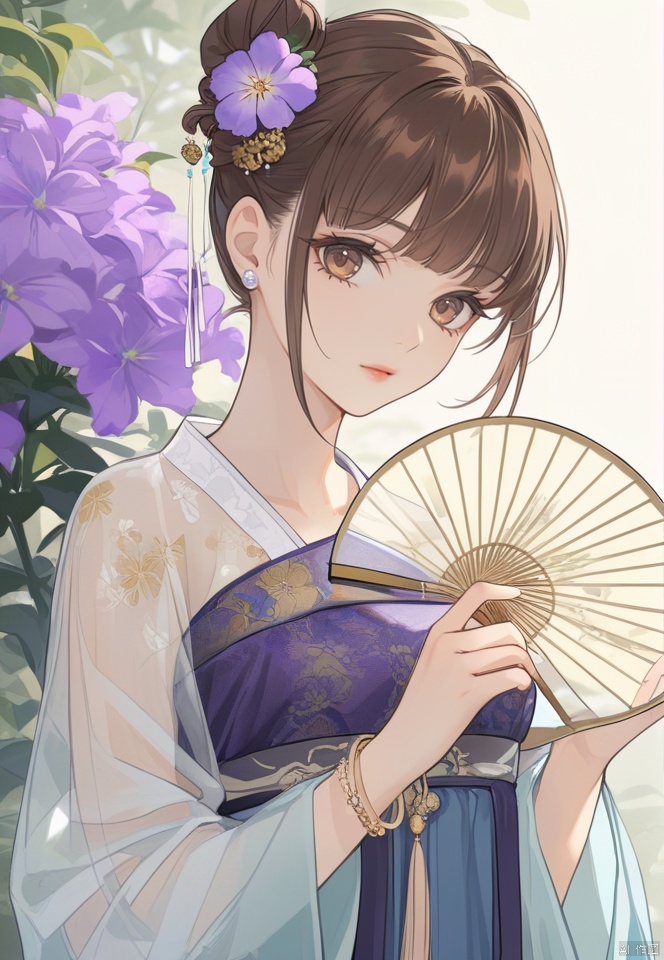 (best quality), ((masterpiece)), (highres), illustration, original, extremely detailed,licg, 1girl, solo, flower, chinese clothes, hair bun, jewelry, holding, brown hair, bracelet, hair ornament, looking at viewer, purple flower, hanfu, hand fan, long sleeves, brown eyes, see-through, hair flower, bangs, upper body