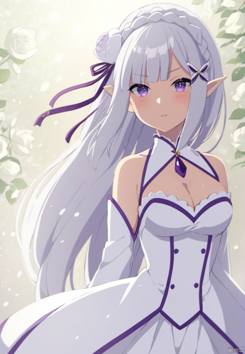 (best quality), ((masterpiece)), (highres), illustration, original, extremely detailed,1girl, emilia \(re:zero\), solo, long hair, hair ornament, flower, white flower, bangs, hair flower, hair ribbon, ribbon, purple eyes, x hair ornament, looking at viewer, braid, purple ribbon, pointy ears, breasts, crown braid, grey hair, dress, detached sleeves, cleavage, floating hair, medium breasts, white rose, long sleeves, bare shoulders, white dress, blunt bangs, very long hair, standing, rose, shiny hair, shiny, blush, white hair