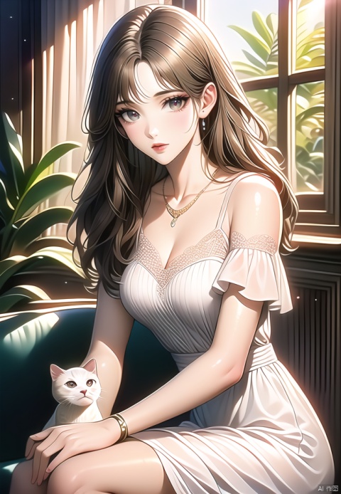 (best quality), ((masterpiece)), (highres), illustration, original, extremely detailed,1girl, cat, dress, sitting, necklace, jewelry, long hair, solo, breasts, brown hair, white dress, flower, brown eyes, bracelet, cleavage, looking at viewer, indoors, window, smile, animal, bangs, light particles, medium breasts, plant, bare shoulders, closed mouth