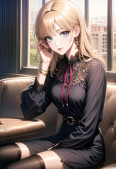 (best quality), ((masterpiece)), (highres), illustration, original, extremely detailed,1girl, solo, jewelry, looking at viewer, sitting, earrings, skirt, smile, long sleeves, thighhighs, shirt, blonde hair, long hair, black skirt, handbag, bangs, indoors, closed mouth, bag, bracelet, window, blue eyes, black thighhighs, black ribbon, belt, ribbon, hand on own face, nail polish, zettai ryouiki, hand up