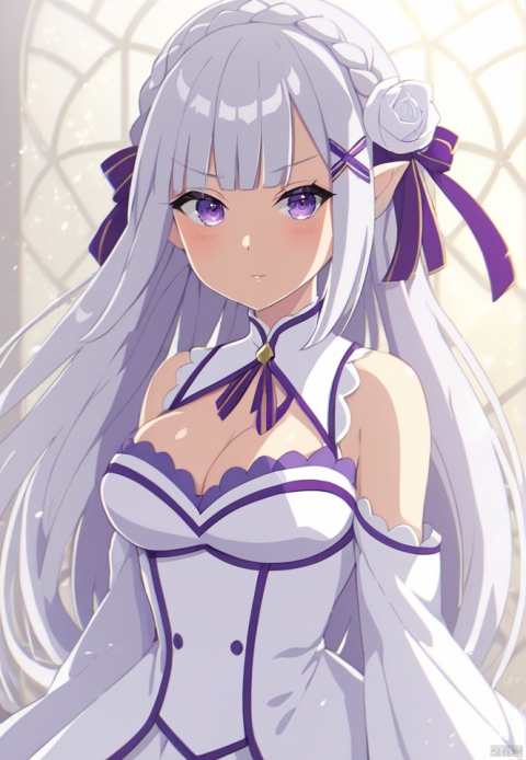 (best quality), ((masterpiece)), (highres), illustration, original, extremely detailed,1girl, emilia \(re:zero\), solo, long hair, hair ornament, flower, white flower, bangs, hair flower, hair ribbon, ribbon, purple eyes, x hair ornament, looking at viewer, braid, purple ribbon, pointy ears, breasts, crown braid, grey hair, dress, detached sleeves, cleavage, floating hair, medium breasts, white rose, long sleeves, bare shoulders, white dress, blunt bangs, very long hair, standing, rose, shiny hair, shiny, blush, white hair