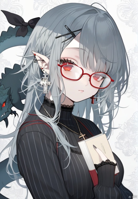  (best quality), ((masterpiece)), (highres), illustration, original, extremely detailed wallpaper.1girl, cross, jewelry, glasses, hair ornament, book, holding, red eyes, solo, looking at viewer, looking to the side, white background, holding book, pointy ears, ring, bangs, red-framed eyewear, upper body, grey hair, earrings, simple background, fingernails, x hair ornament, closed mouth, from side, long sleeves, shirt, bow, long hair, piercing, necklace, braid, red nails, cross hair ornament, cross necklace, inverted cross, semi-rimless eyewear, ribbon, long fingernails, striped, dress, nail polish, hairclip, ear piercing, breasts, cross earrings, one eye closed, slit pupils, sideways glance, black shirt, eyelashes, linked piercing, lace trim, dragon, tail, sharp fingernails